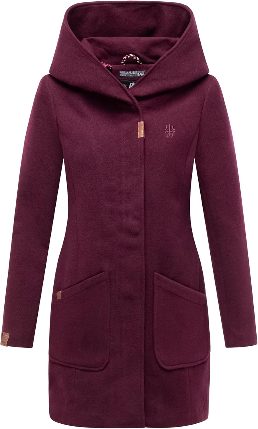 MARIKOO Damen Mantel in Wollmantel-Optik Warmer Trenchcoat mit Kapuze Maikoo XS-5XL L Wine, L Wine