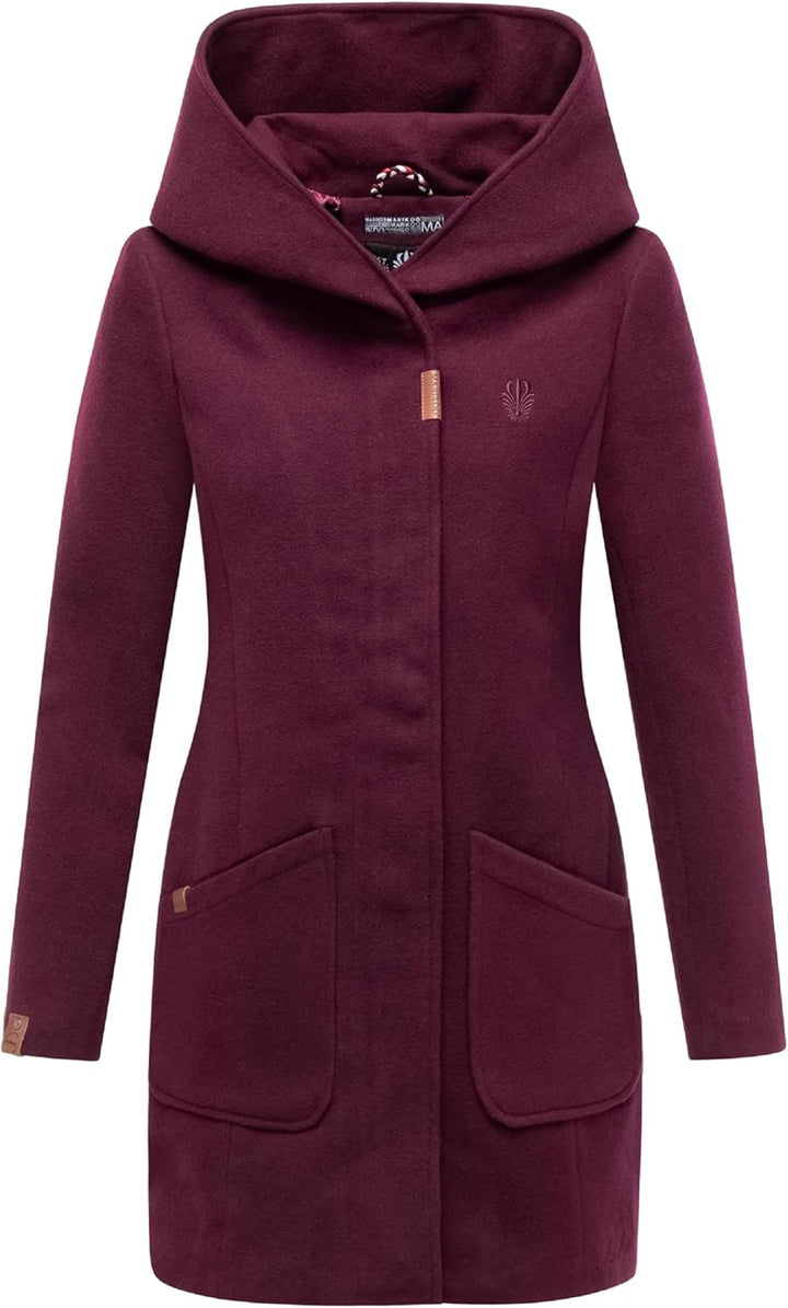 MARIKOO Damen Mantel in Wollmantel-Optik Warmer Trenchcoat mit Kapuze Maikoo XS-5XL L Wine, L Wine