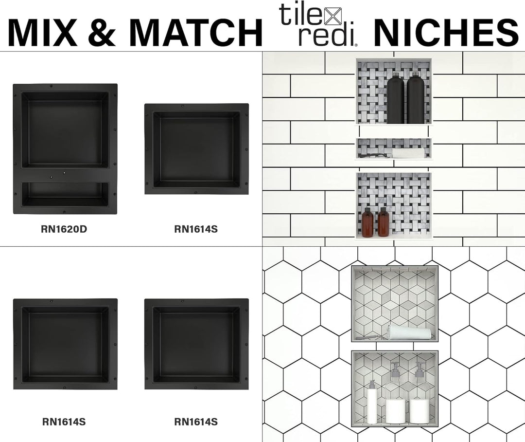 Tile Redi USA Nischen-Einzel-Duschregal, Schwarz, EIN Innenregal, 40,6 cm Breite x 35,6 cm Höhe x 10