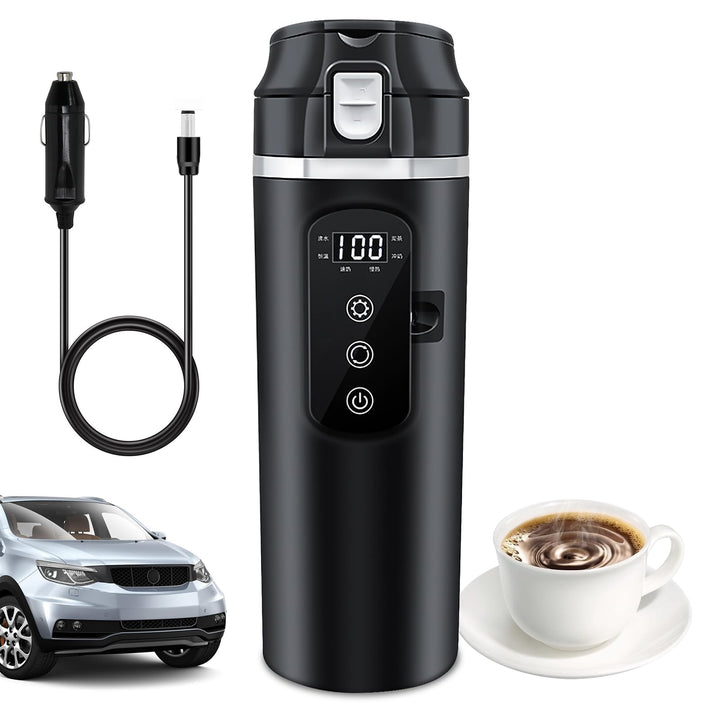 PORFOYO Wasserkocher Für Auto Reisebecher 24V/12V Elektrischer Wasserkocher 500ml Schwarz Edelstahl