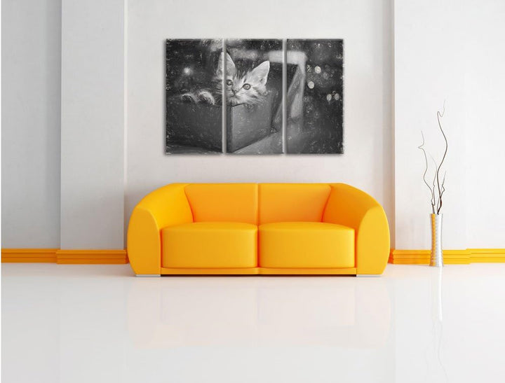 Pixxprint süsses Kätzchen in der Box Kunst Kohle Effekt 3-Teiler Leinwandbild 120x80 Bild auf Leinwa