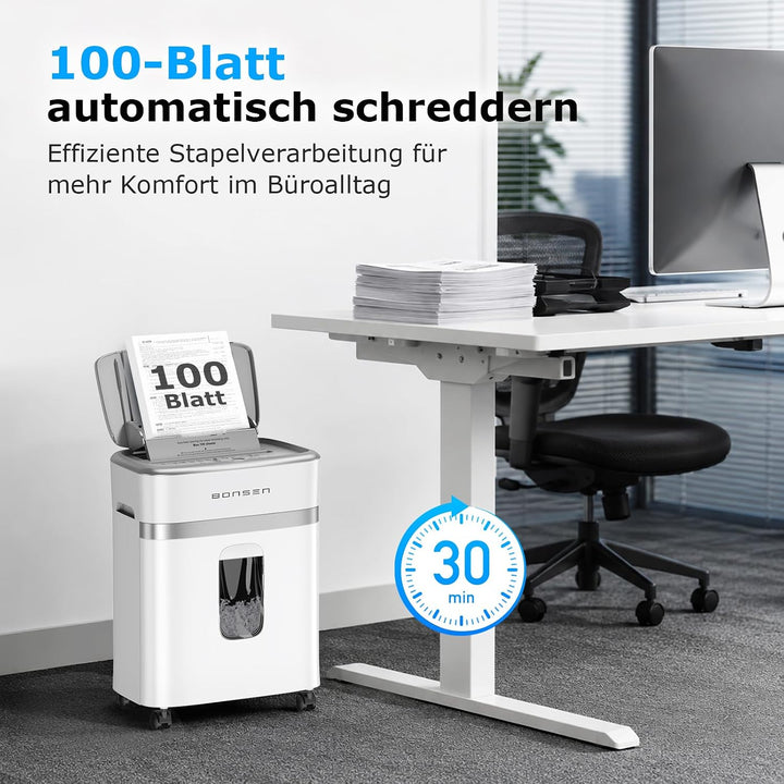 BONSEN Aktenvernichter mit 100 Blatt Auto-Feed, P-4 Mikroschnitt Schredder 100sheets+White-Silver, 1