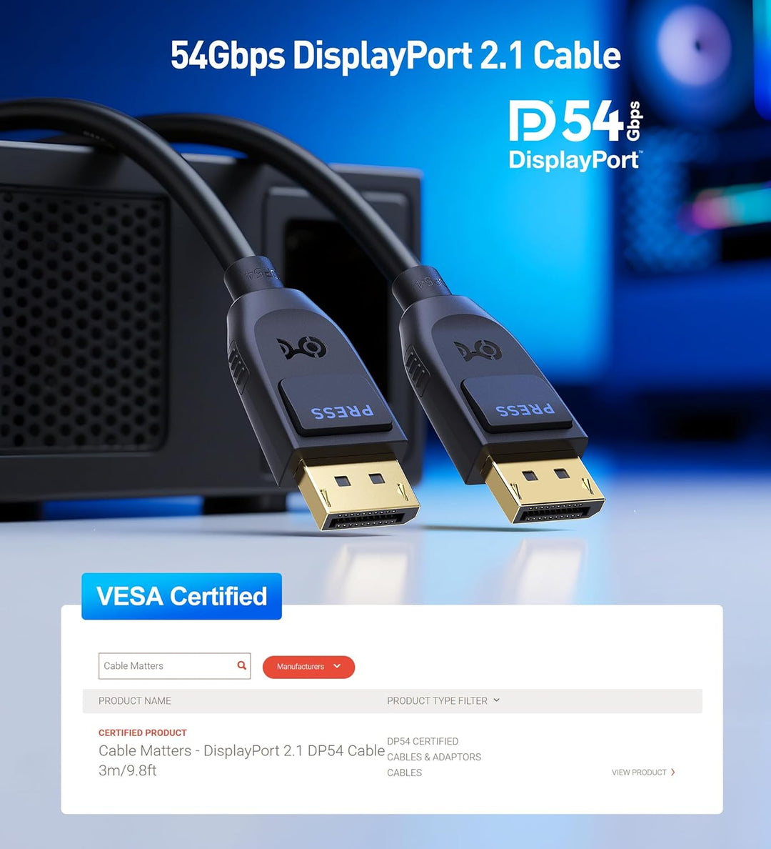 Cable Matters [VESA-zertifiziert] Matters 54 Gbps DisplayPort 2.1 Kabel 3 m, DP54 Kabel mit 8K 165 H