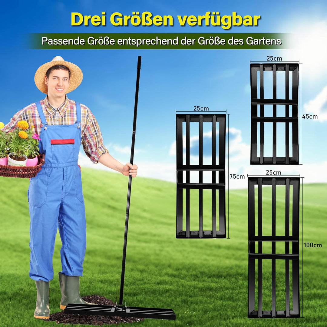 Garten Rasen-Nivellierungsrechen XXL,Edelstahl-Ebnungsplatte, Verstärkte Schweissnähte, 68-198 cm Ve