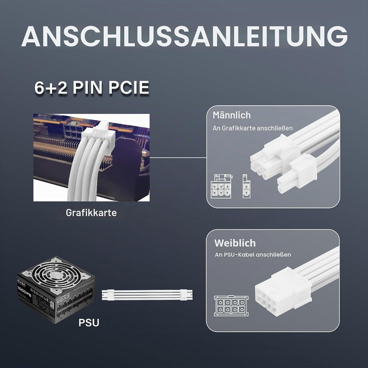 Verlängerungskabel-Adapter ATX 8-polig auf ATX 8-polig (6+2) Stecker, Weiss, für PC Build, High-End-