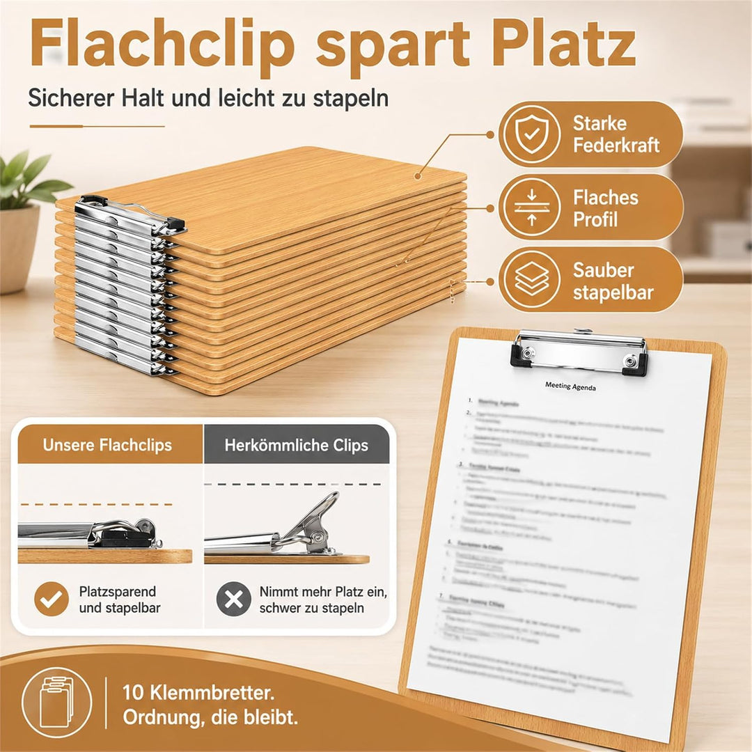 CYEER 10 Stück Klemmbrett A4 Holz Extra Dick 4MM, Klemmbretter A4, Schreibbrett Klemmbrett A4, Clipb