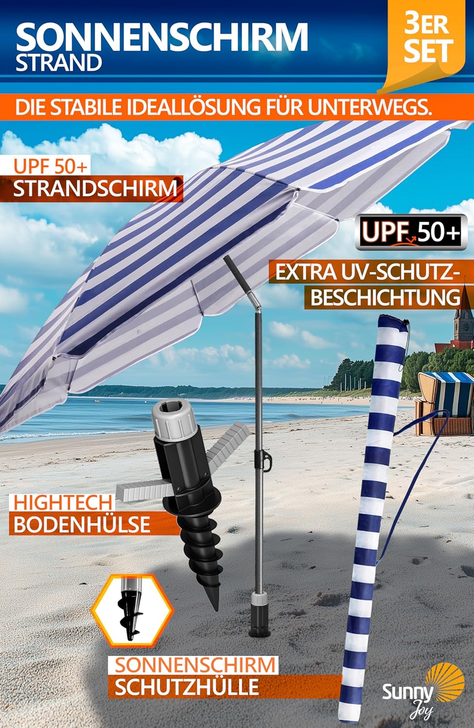 4smile Sonnenschirm Strand SunnyJoy Ø 180 cm, 3-IN-1 Set - UPF 50+ Strandschirm + Sonnenschirm Schut