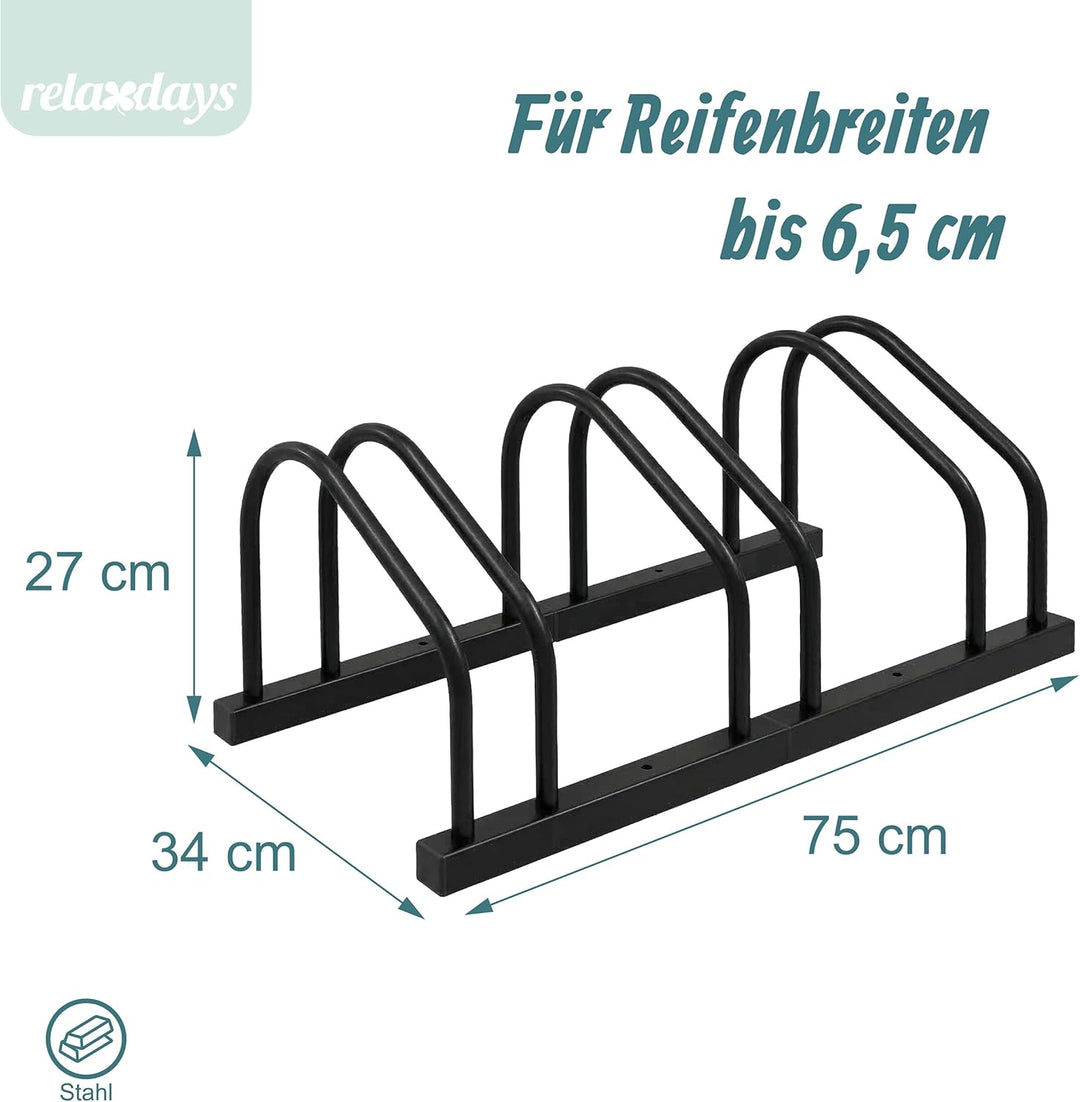 Relaxdays Fahrradständer Boden &amp; Wandmontage, 3 Räder, bis 65 mm Reifenbreite, Garage, Hof, Reihenpa