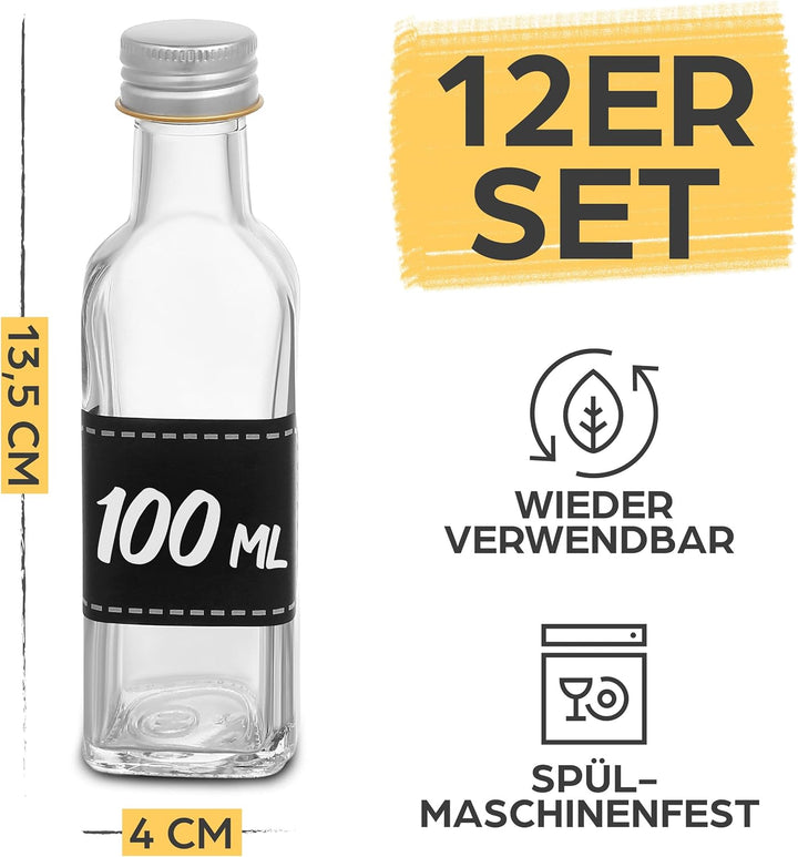 Praknu 12 Glasflaschen 100ml Schraubverschluss Flaschen zum Befüllen - 12 Etiketten mit Stift - Glas