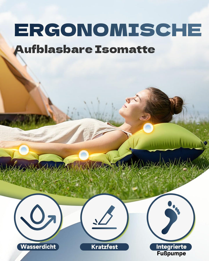 Isomatte Camping,Ultraleichte Isomatte Aufblasbar mit Integriertem Kissen & Fusspumpe, Kompakte Camp
