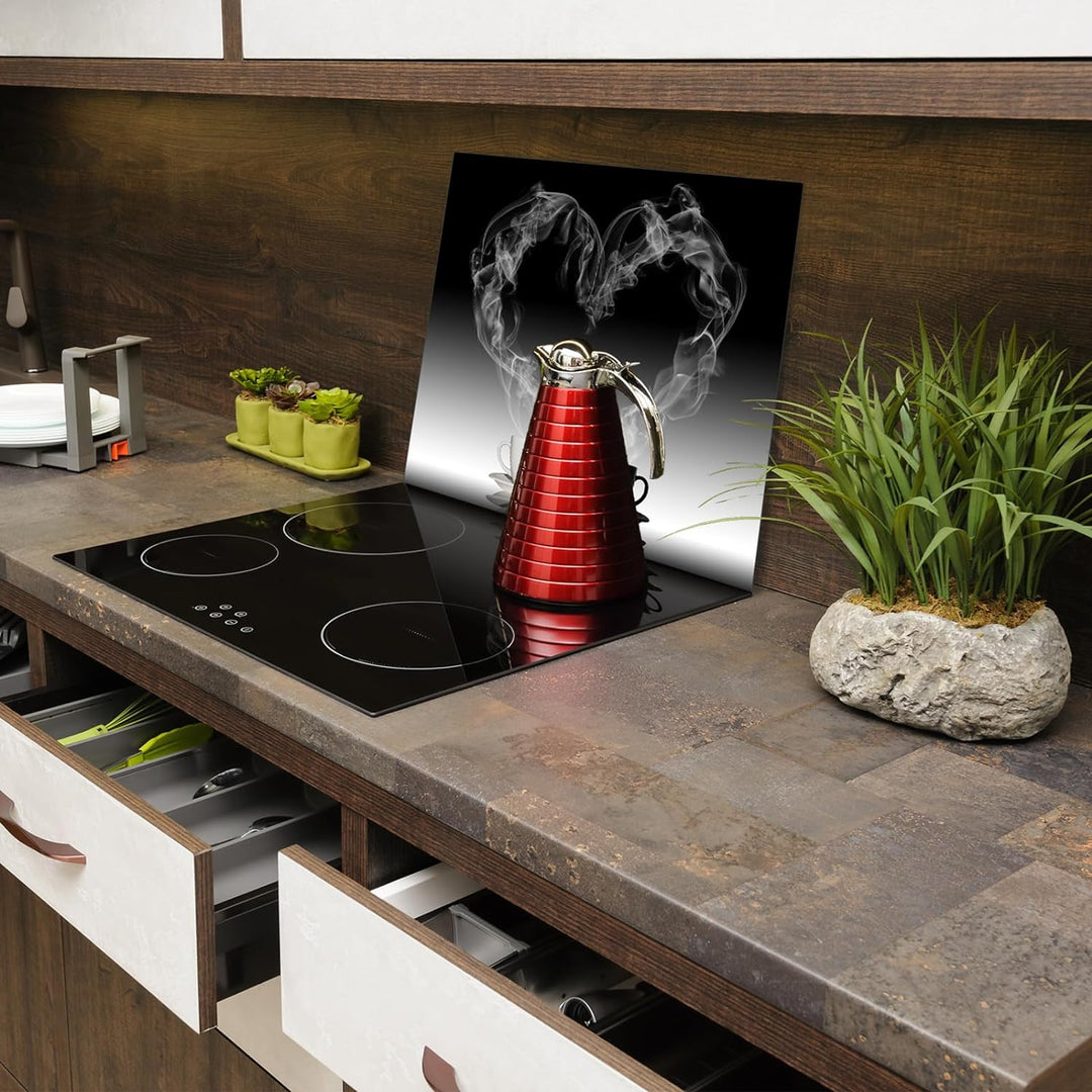 SmartDecoration Herdabdeckplatte Ceranfeldabdeckung aus Glas 60x52 cm Einteilig Motiv "Kaffee" Schwa