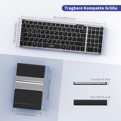 seenda Faltbare Bluetooth Tastatur mit Nummernblock und Handyhalterung, Aufladbare Kabellose Klappba