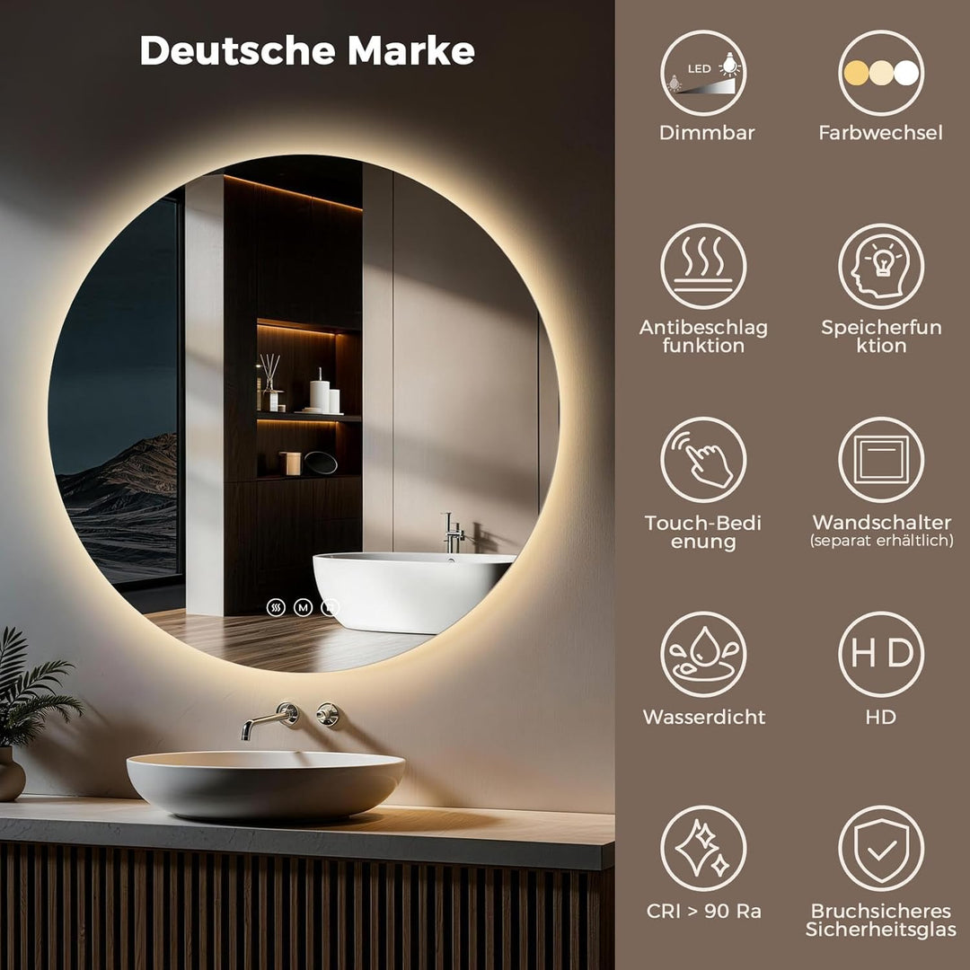 S'AFIELINA Badspiegel mit Beleuchtung Rund 60cm LED Badspiegel mit Touchschalter Badezimmerspiegel R