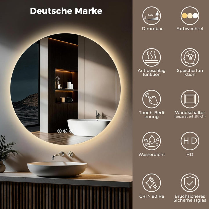 S'AFIELINA Badspiegel mit Beleuchtung Rund 60cm LED Badspiegel mit Touchschalter Badezimmerspiegel R