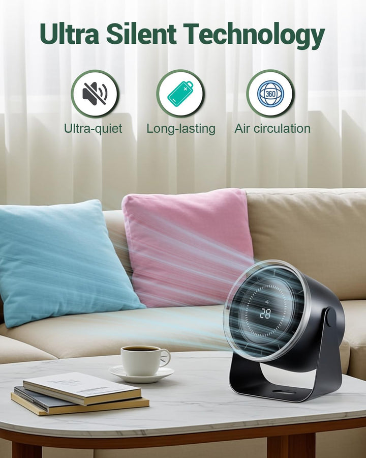 Tisch-Ventilator, 3600mAh Akku, Ultra-leise unter 35dB, 1-100 Stufenlos Geschwindigkeit, 12 m/s Luft