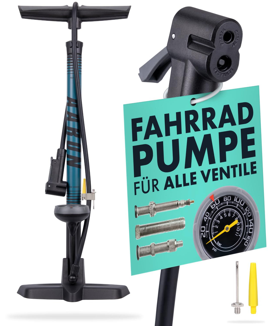 AARON Sport One Fahrrad Standpumpe mit Manometer für alle Ventile | Hochdruck Fahrradpumpe inkl. Bal