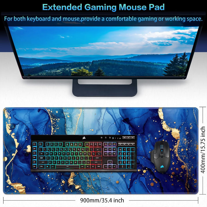 Abetcabe Mauspad XXL, Mousepad 900 x 400mm, Marmor Mauspad Gaming gross Vernähte Kanten WassXerdicht