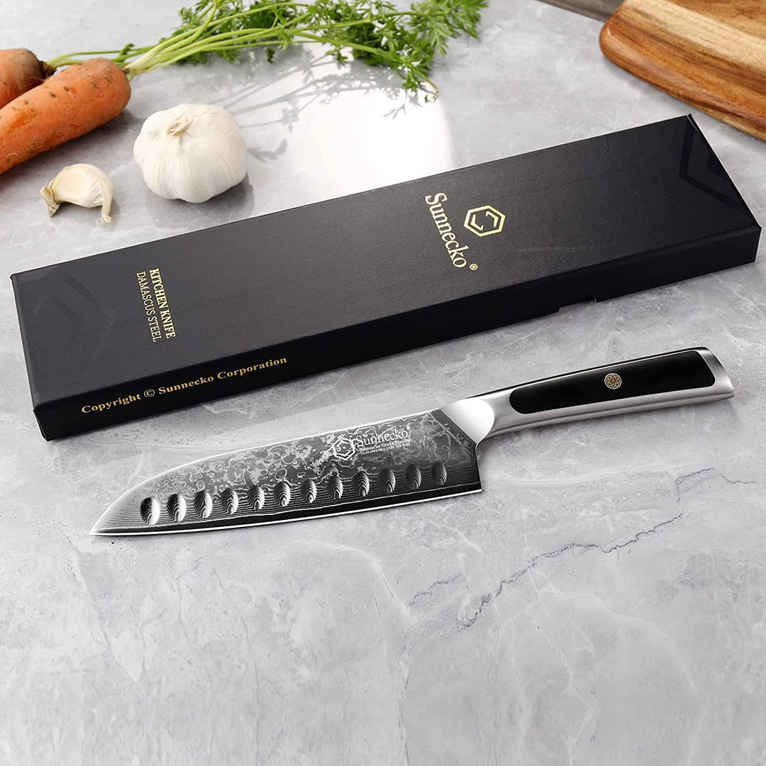 Sunnecko 18cm Damastmesser Kochmesser Küchenmesser - Santoku Messer Damast Scharfes Messer mit Ergon