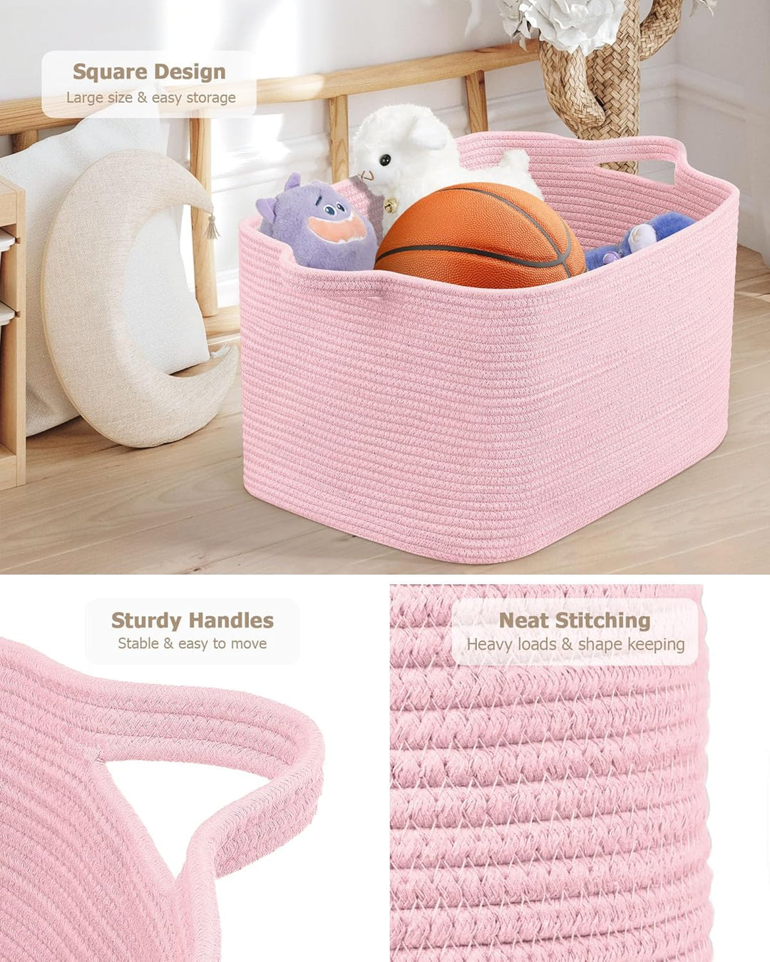 JOJOSEE Faltbarer Wäschekorb 63L Grosse Aufbewahrungskorb Hellrosa | Geflochten Laundry Baskets mit
