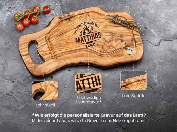 Schneidebrett Personalisiert | Olivenholz | Steakbrett | Grillbrett | Grill Geschenke für Männer | G