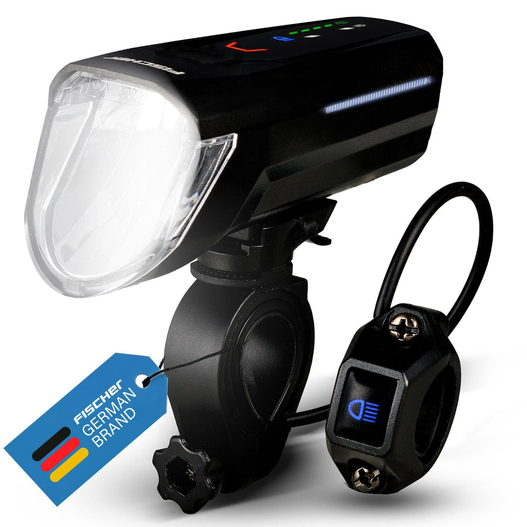 FISCHER Fahrrad LED-Frontlicht 100 Lux Fernlicht, mit Sensormodus, spritzwassergeschütztes Gehäuse,