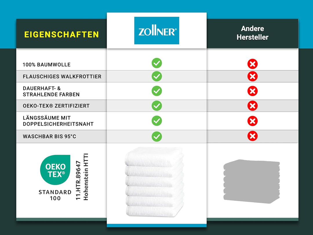 ZOLLNER 6er Set Handtücher, 50x100 cm, Baumwolle, Kochfest, weiss 50 x 100 cm Weiss, 50 x 100 cm Wei