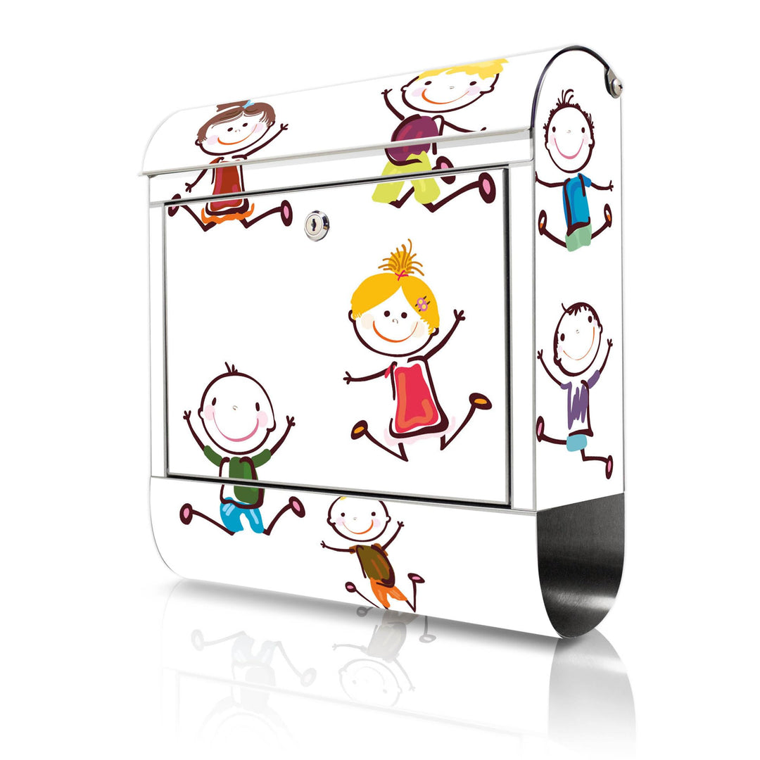 banjado® Briefkasten Edelstahl mit Motiv Happy Kids 38x43x12cm &amp; 2 Schlüssel - rostfreier Edelstahl