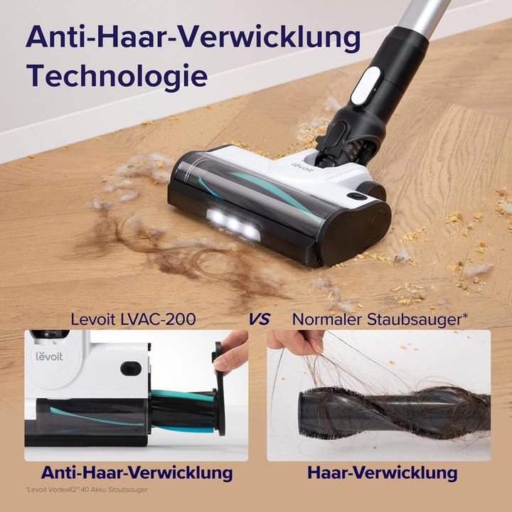 Levoit Akku Staubsauger mit Tierhaardüse, Anti-Haar-Verwicklung, max 50min Laufzeit, 4-in-1 Kabellos