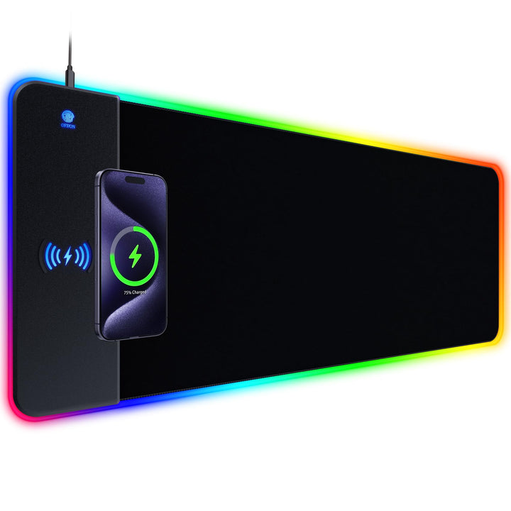 RGB-Gaming-Mauspad mit 15 W kabelloser Aufladung,XXL grosses LED-Schreibtischpad mit 14 Lichtmodi,er