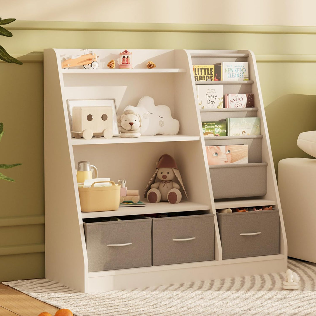 NACHES Kinderregal mit 3 Aufbewahrungsboxen aus Vliesstoff, Bücherregal Kinder Montessori mit 4 Abla