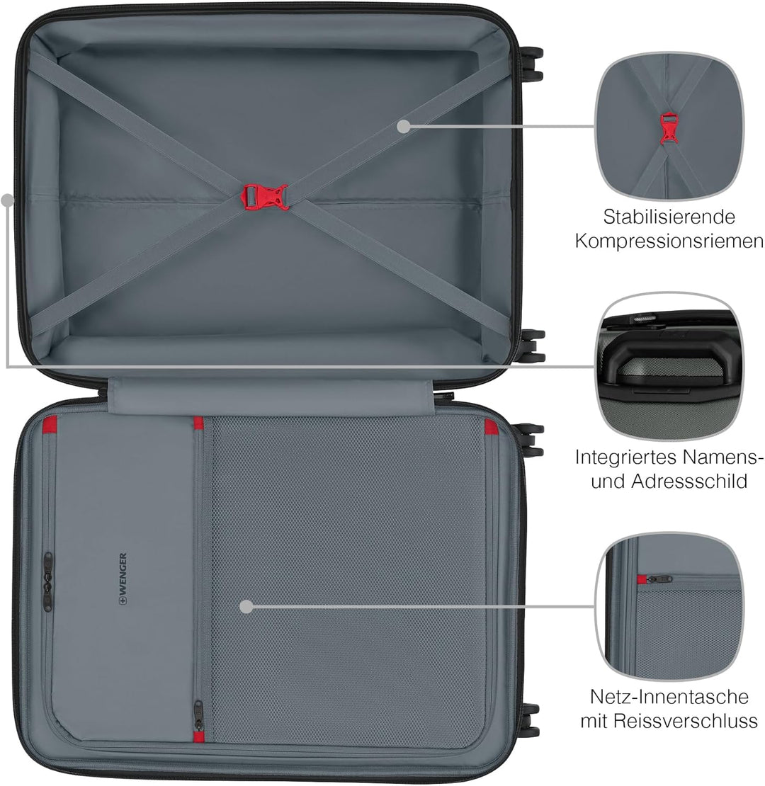 WENGER Prymo Medium Hartschalenkoffer mit 4 Rollen, Trolley, Mittelgross, 59 (67) l, Sicherheitsschl