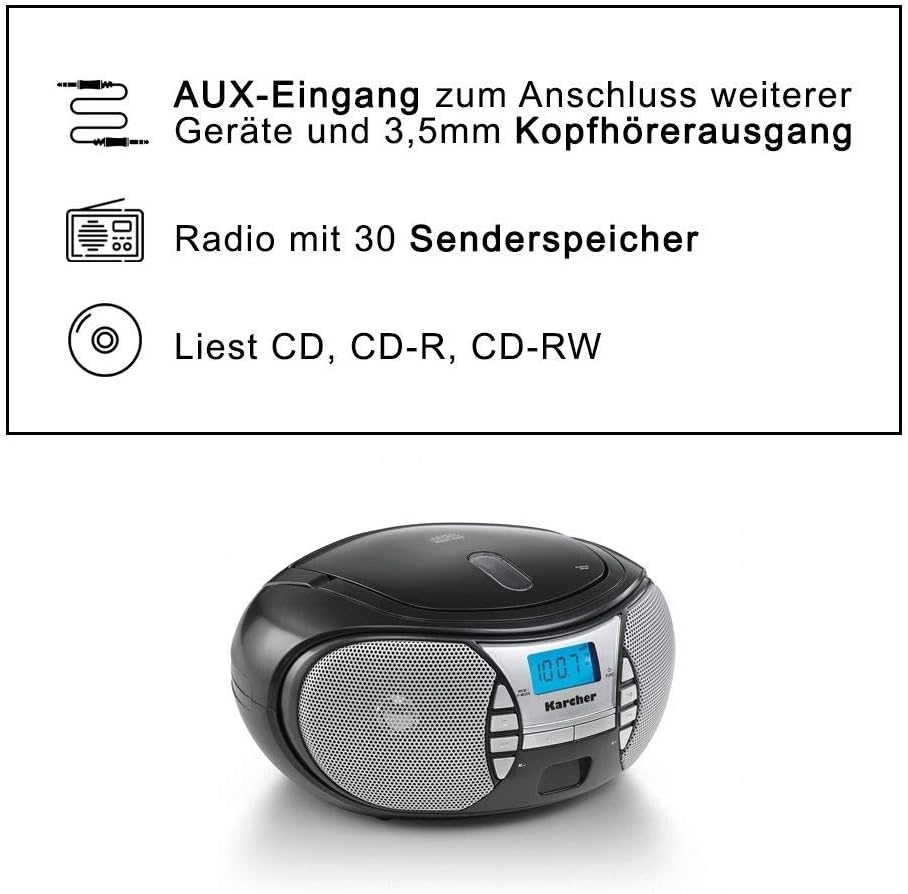 KARCHER RR 5025-B tragbares Radio, CD-Player mit Netz-und Batteriebetrieb, UKW-Radio mit AUX-Anschlu