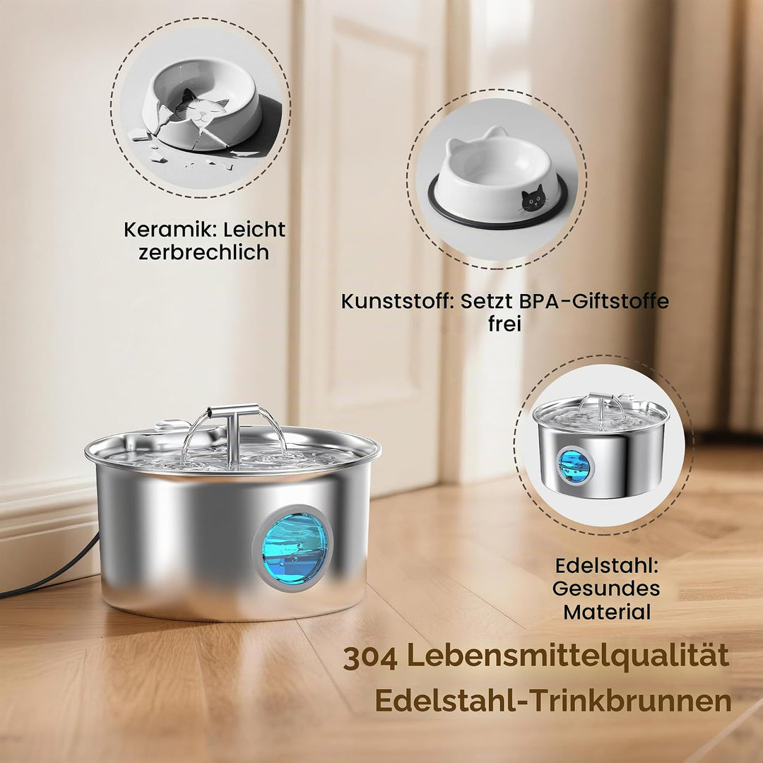 Katzenbrunnen Edelstahl Trinkbrunnen für Katze: 2.6L leiser Wasserspender für Katzen und Hunde - Aut