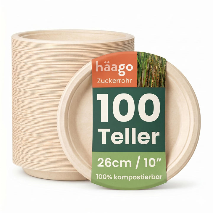 HAAGO 96 Zuckerrohr Bagasse Einwegteller für Geburtstage, Hochzeiten, Partys, 26cm - Stabil, Umweltf