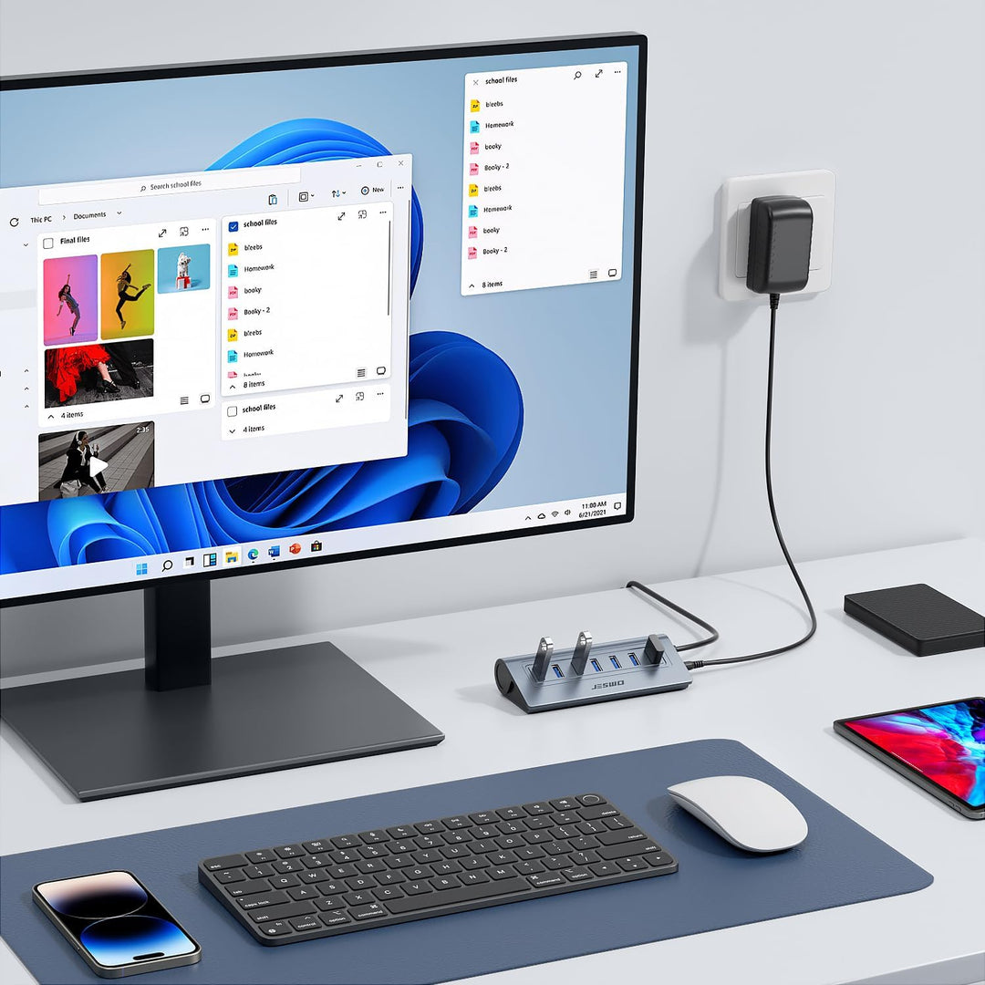 JESWO USB HUB mit Netzteil, Aluminium USB 3.0 Hub Aktiv mit 7-Port USB Verteiler 3.0 mit 5V/4A Netzt