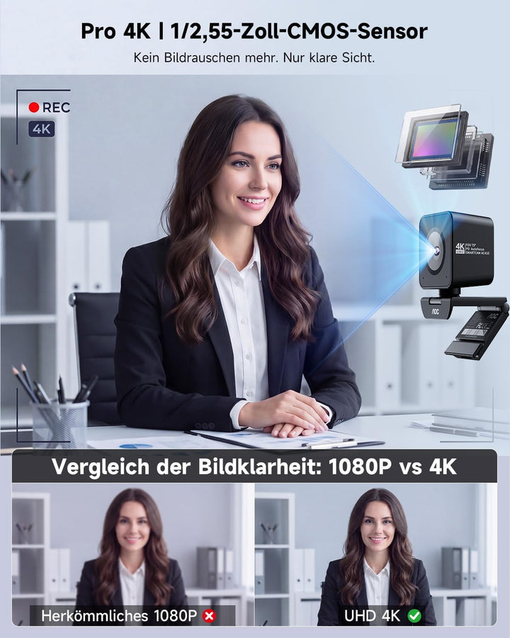 AOC UHD Webcam 4K, Webcam mit Objektivabdeckung & Dual Mikrofon, 75° Streaming Kamera mit Autofokus,