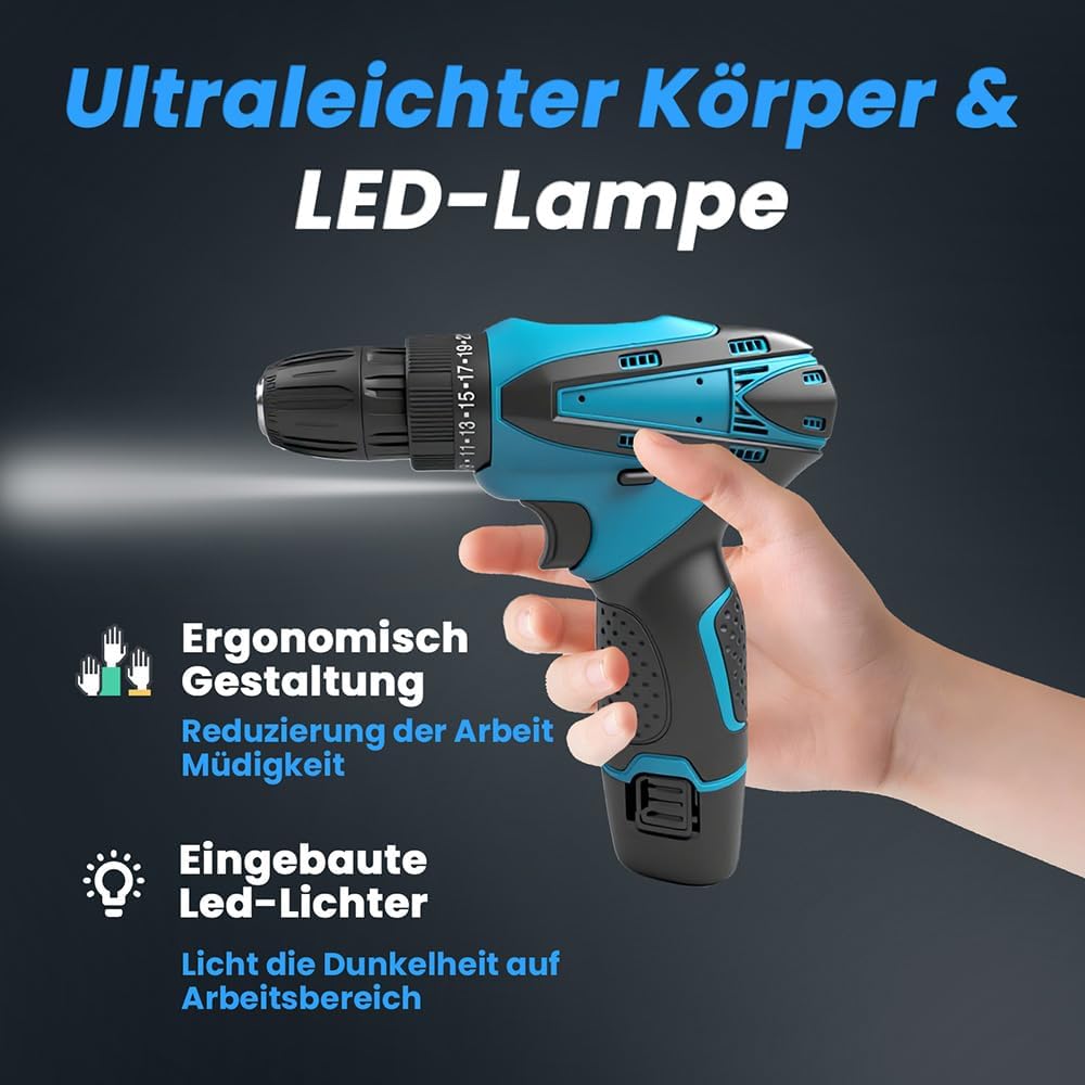 Akku Bohrschrauber 12V mit 2x 3.0 Ah Akku, 25+1 Drehmomenteinstellung, 2-Gang, 26tlg Zubehör, LED-Li