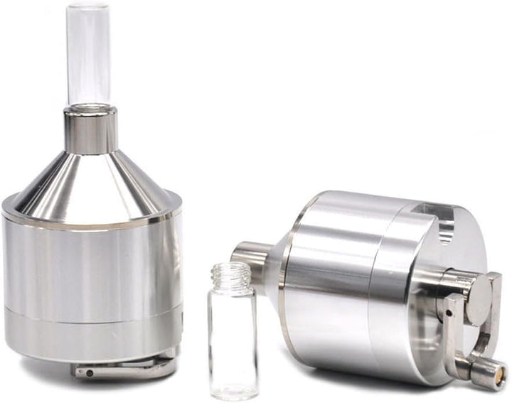 Manuelle Pulvermühle aus Aluminium mit Glasflasche und Trichter, handgekurbelte Metallmühle, geeigne