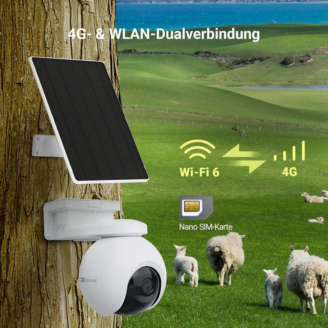 EZVIZ 4K 4G LTE Überwachungskamera Aussen Solar, 360° PTZ-Kamera mit 10400mAh Akku, 100% Kabellose,