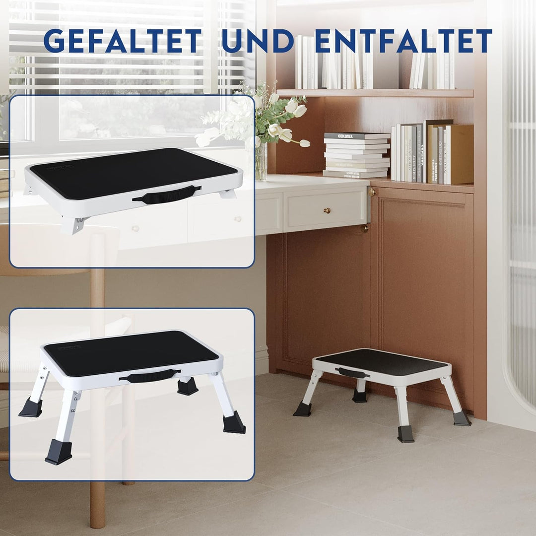 BONTEC Klapptritt, weisser Tritthocker klappbar bis 150 kg, rutschfeste Trittstufe mit Gummifüssen,