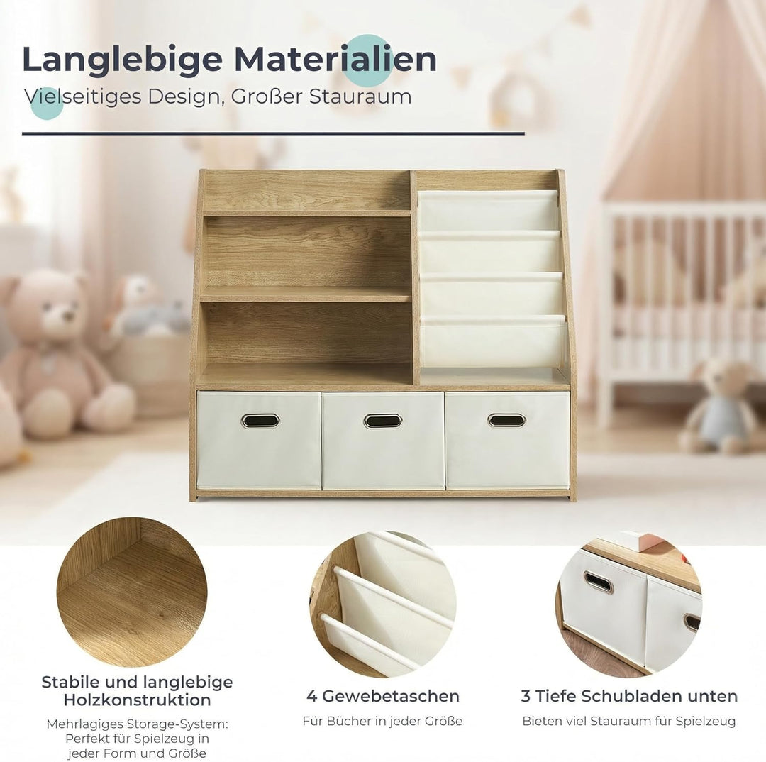 Kinder Bücherregal mit Aufbewahrung – 4‑stufiges Montessori Spielzeugregal aus Holz mit 3 Schubladen