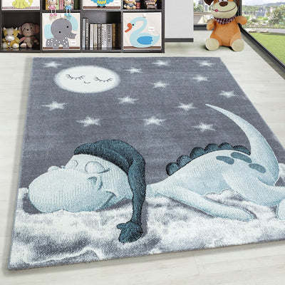 HomebyHome Kurzflor Kinderteppich für Jungen und Mädchen Dino Wolke Design 120 cm Rund Blau - Waschb