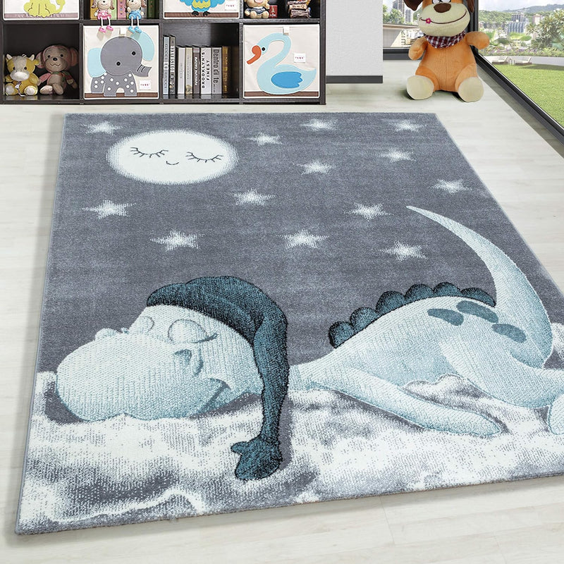 HomebyHome Kurzflor Kinderteppich für Jungen und Mädchen Dino Wolke Design 120 cm Rund Blau - Waschb