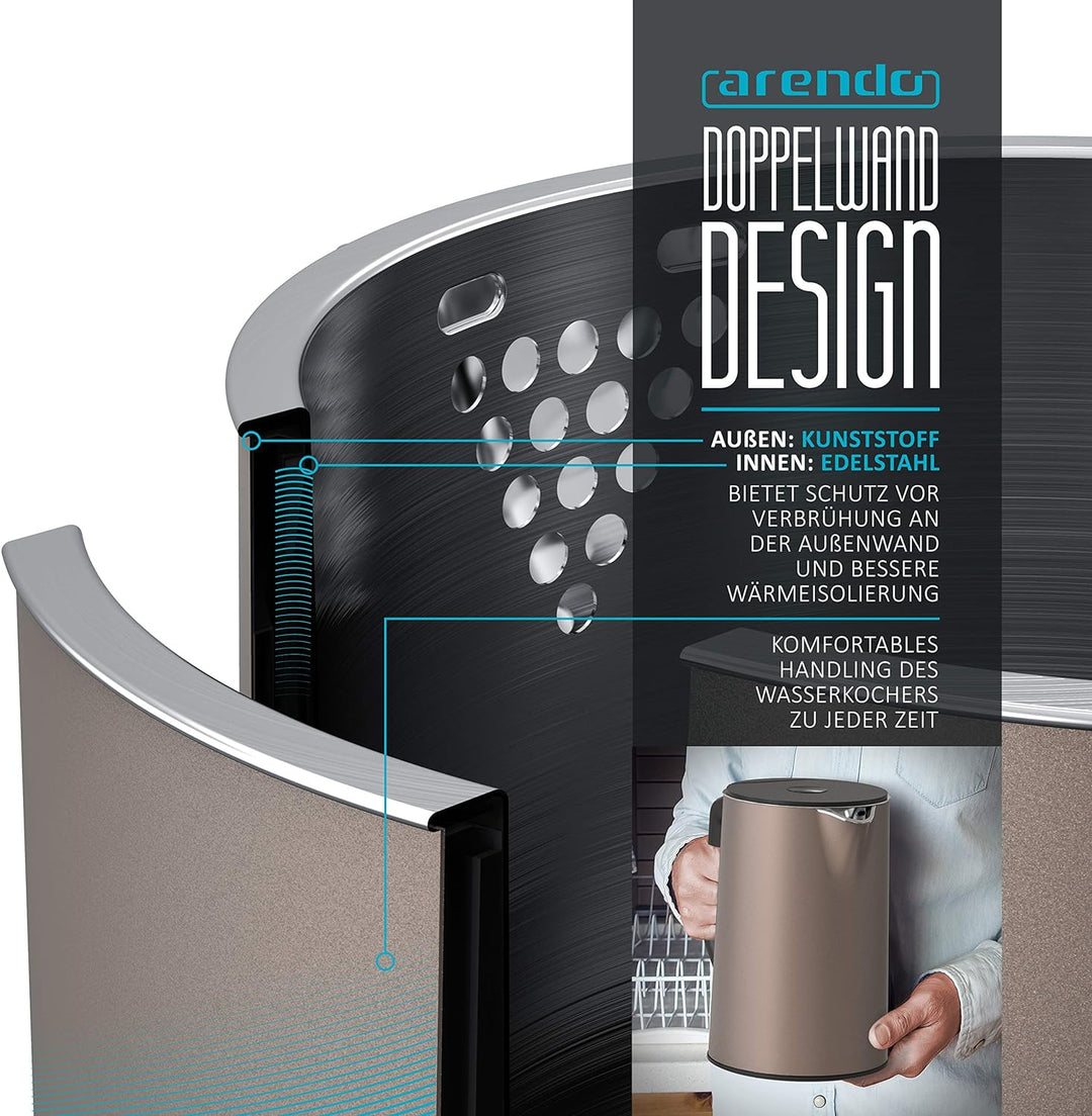Arendo - Edelstahl Wasserkocher mit Temperatureinstellung 40-100 Grad in 5er Schritten - Doppelwand