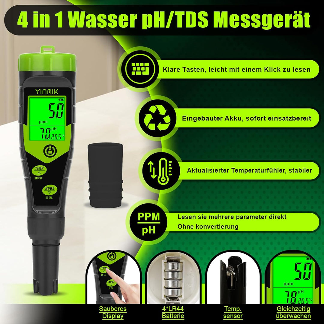 YINMIK pH EC Messgerät Pool pH Tester 4 in 1 Leitfähigkeitsmessgerät PPM Tester Gleichzeitige Messun