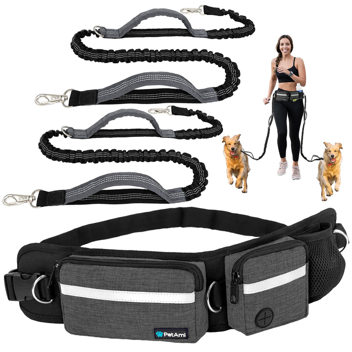 PetAmi Hundeleine, Gürteltasche zum Spazierengehen, Joggen, Tasche mit doppeltem Reissverschluss und
