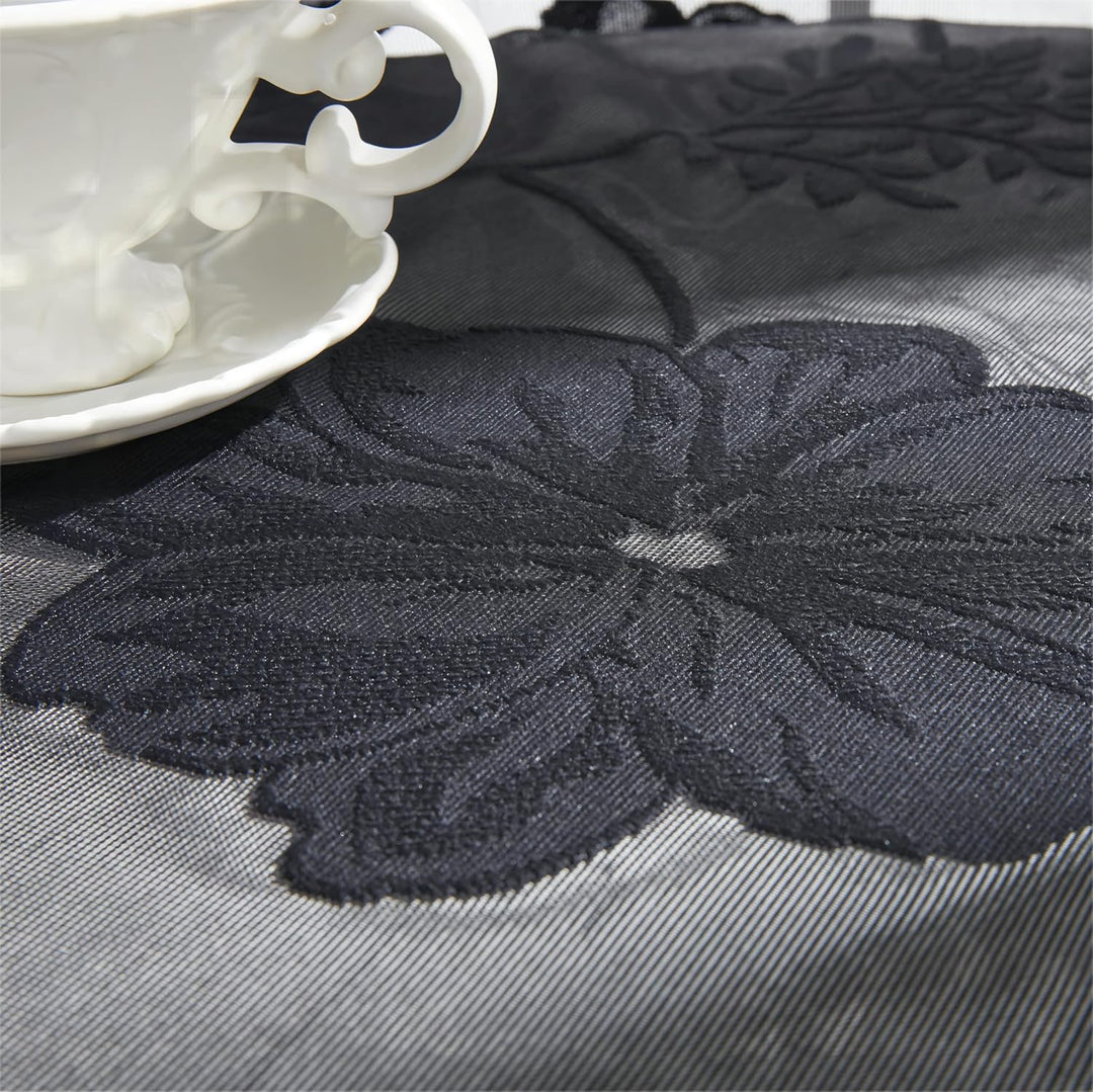 Treatmentex Spitze Vorhang Jacquard Gardinen mit Ösen Schwarze 3D Blumenmuster Halbtransparente Vorh