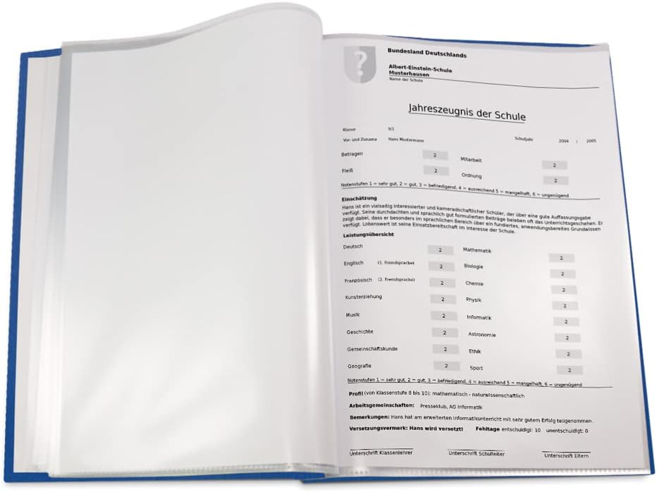 Handgefertigte Zeugnismappe im blauen Einband in Leinenoptik mit exclusivem Prägedruck in verschiede