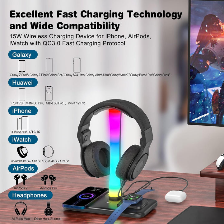 Padwa Lifestyle Wireless-Ladegerät mit RGB-Kopfhörer-LED-Ständer, mit 2 x USB-Anschlüssen und 1 x Ty