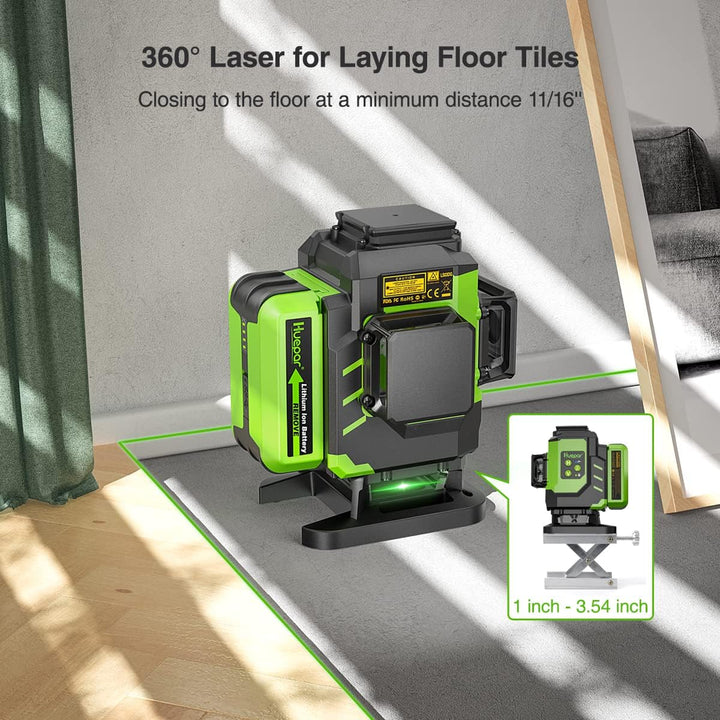 Huepar 3 x 360 Kreuzlinienlaser Grün 3D Grad Linienlaser Selbstnivellierend und Ausrichtung Fliesenb